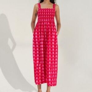 ZARA Pink Smocked Poplin Cotton Midi Dress XS